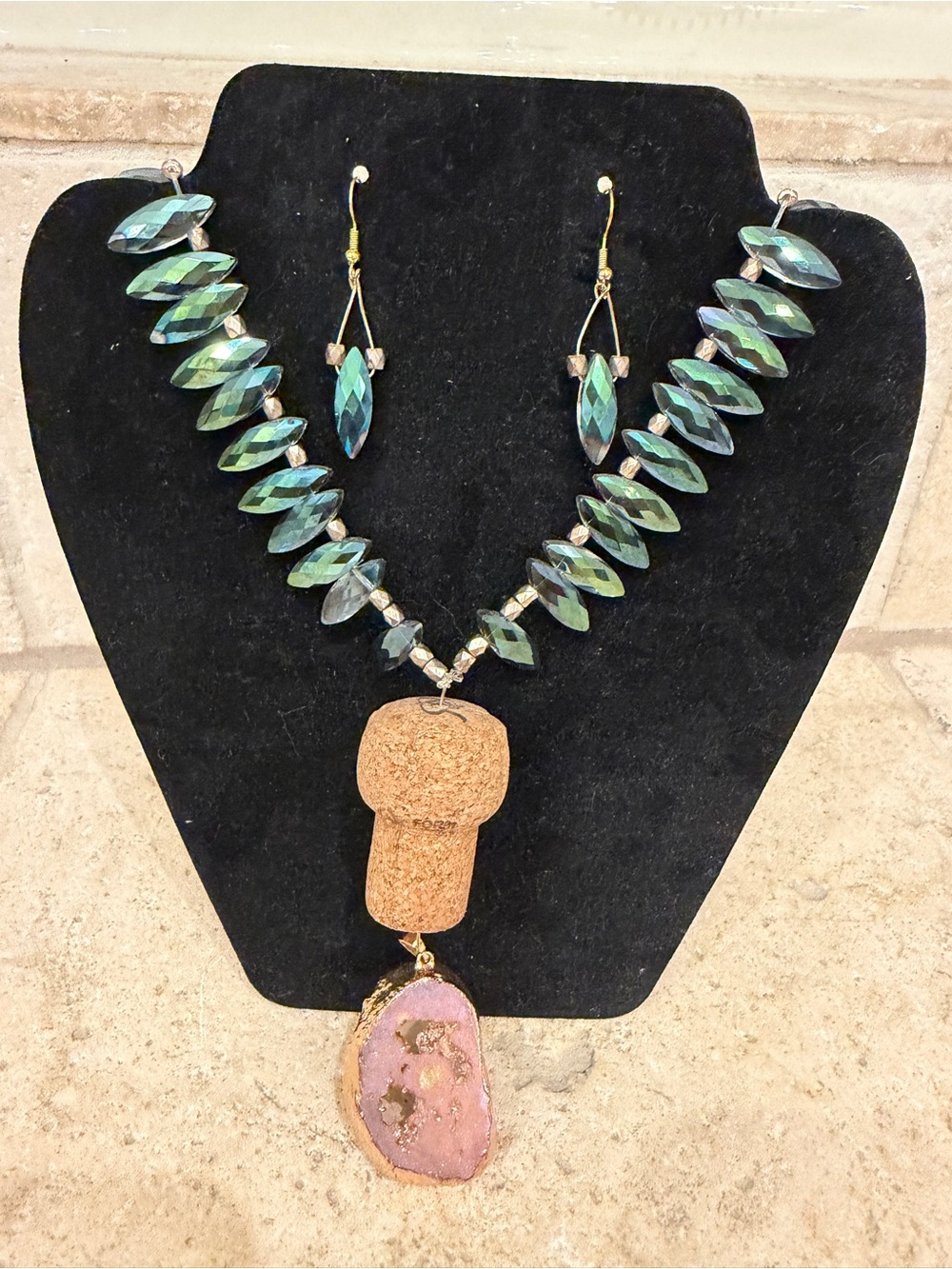 Handmade Iridescent Teal Glass Bead Necklace with Cork & Pink Druzy Pendant.